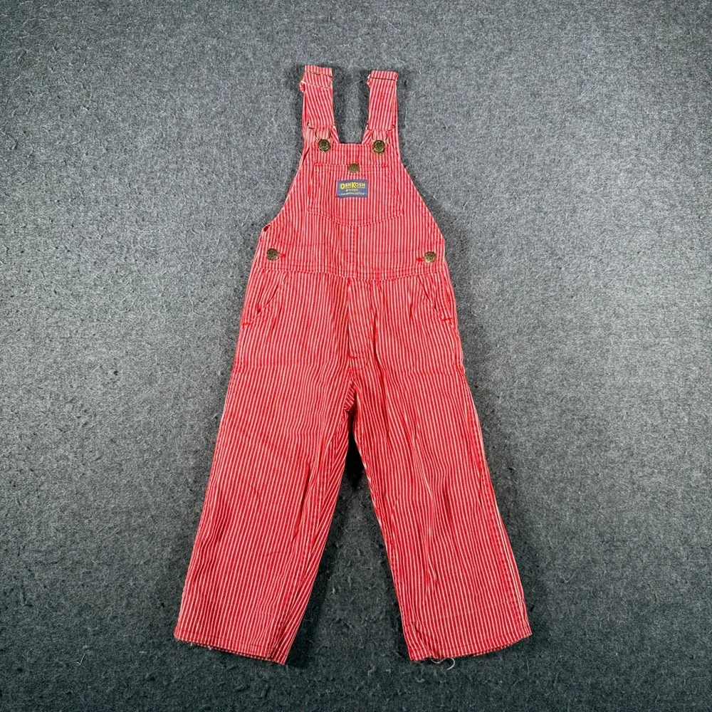 Vintage OshKosh Red Railroad Striped Overalls Made in USA Size 4T